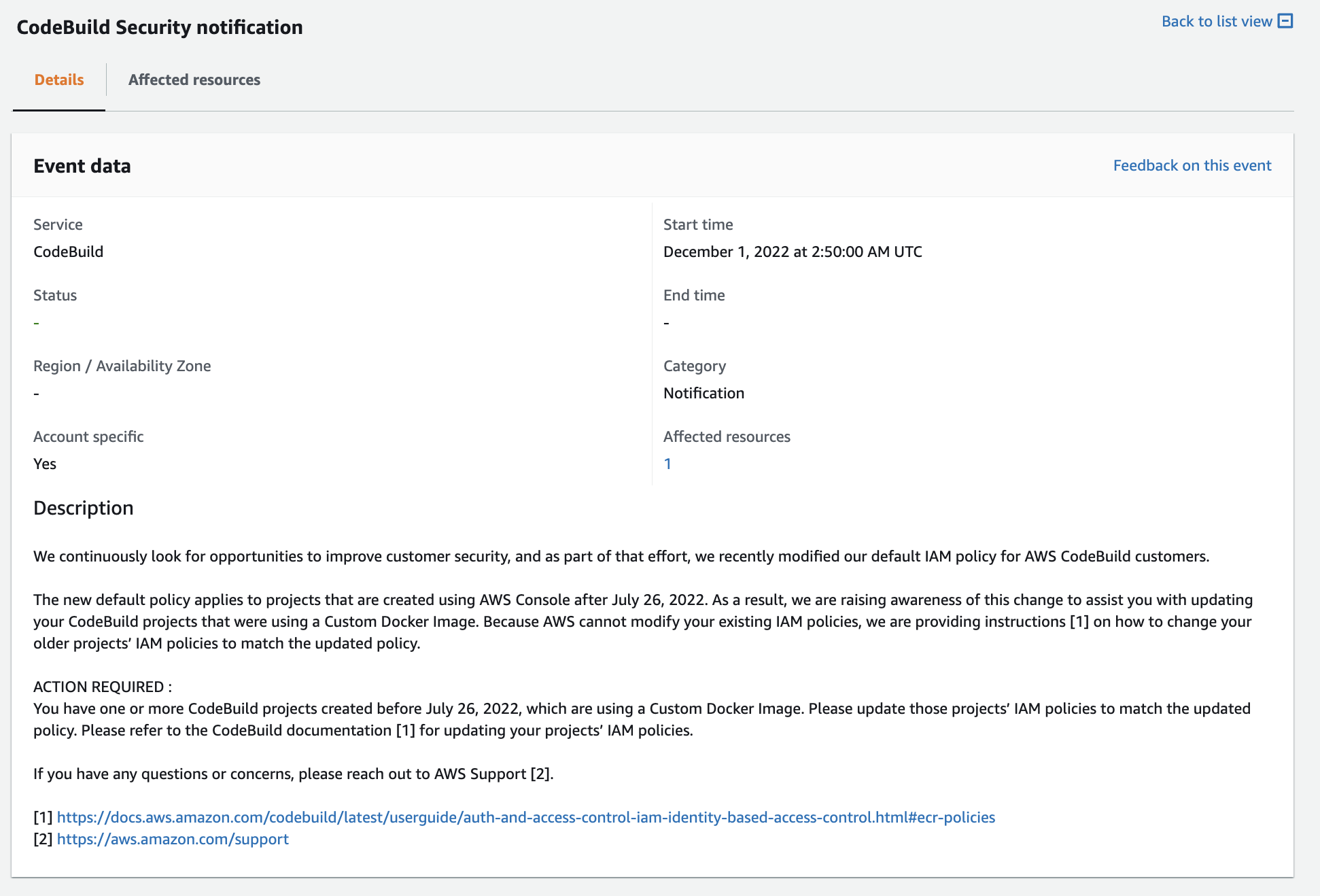 AWS Health Dashboard: ColdeBuid Security Notification: